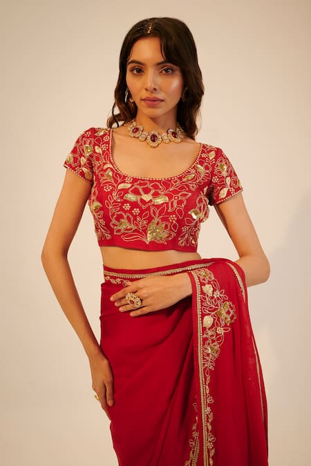 Shop Sheela Suthar Red Silk, Tissue, Georgette Sequins, Embroidery Scoop Floral Saree With Blouse Online at Aza Fashions Shop_Sheela Suthar_Red Silk, Tissue, Georgette Sequins, Embroidery Scoop Floral Saree With Blouse _Online_at_Aza_Fashions
