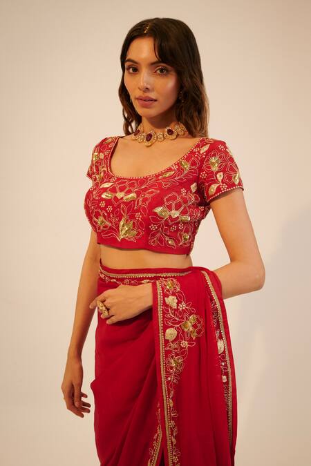 Sheela Suthar Red Silk, Tissue, Georgette Sequins, Embroidery Scoop Floral Saree With Blouse at Aza Fashions Sheela Suthar_Red Silk, Tissue, Georgette Sequins, Embroidery Scoop Floral Saree With Blouse _at_Aza_Fashions