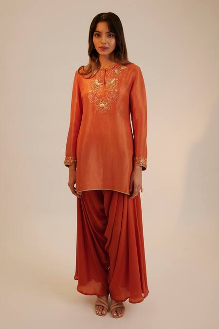 Sheela Suthar_Orange Crepe, Tissue, Georgette Sequins, Straight Kurta Cowl Pant Set _Online_at_Aza_Fashions