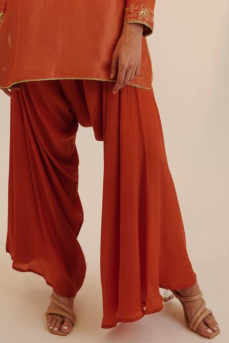 Buy_Sheela Suthar_Orange Crepe, Tissue, Georgette Sequins, Straight Kurta Cowl Pant Set _Online_at_Aza_Fashions