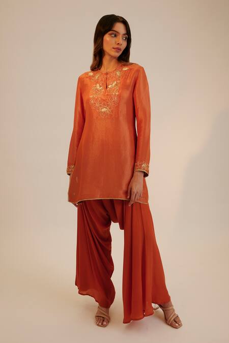 Shop_Sheela Suthar_Orange Crepe, Tissue, Georgette Sequins, Straight Kurta Cowl Pant Set _Online_at_Aza_Fashions