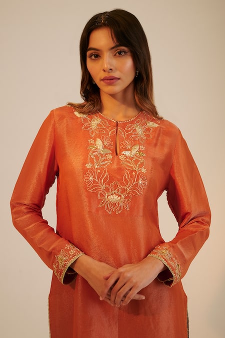Sheela Suthar_Orange Crepe, Tissue, Georgette Sequins, Straight Kurta Cowl Pant Set _at_Aza_Fashions
