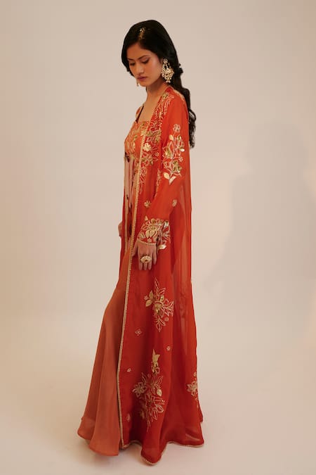 Shop_Sheela Suthar_Orange Tissue, Georgette, Organza, Crepe Sequins, Jacket And Gharara Set _Online_at_Aza_Fashions