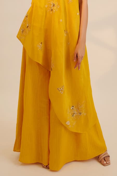 Sheela Suthar_Yellow Silk, Crepe, Tissue Sequins, Embroidery One Asymmetric Tunic And Pant Set _Online_at_Aza_Fashions