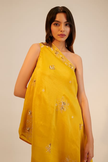 Shop_Sheela Suthar_Yellow Silk, Crepe, Tissue Sequins, Embroidery One Asymmetric Tunic And Pant Set _Online_at_Aza_Fashions