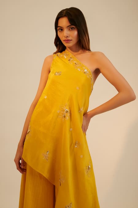 Sheela Suthar_Yellow Silk, Crepe, Tissue Sequins, Embroidery One Asymmetric Tunic And Pant Set _at_Aza_Fashions