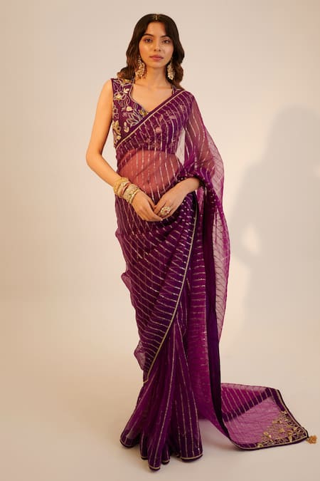 Sheela Suthar_Purple Silk, Organza Embroidery Scoop Neck Hand Saree With Blouse _Online_at_Aza_Fashions