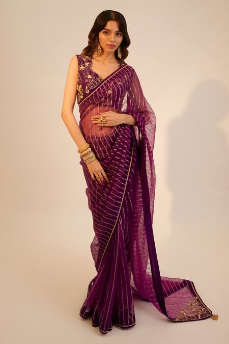 Buy_Sheela Suthar_Purple Silk, Organza Embroidery Scoop Neck Hand Saree With Blouse _Online_at_Aza_Fashions