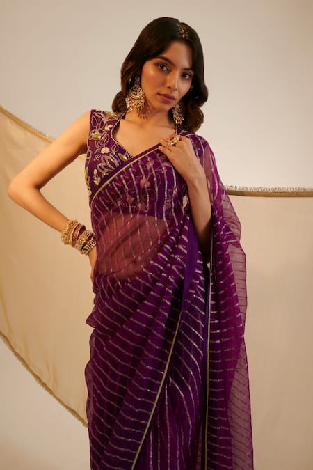 Shop_Sheela Suthar_Purple Silk, Organza Embroidery Scoop Neck Hand Saree With Blouse _Online_at_Aza_Fashions
