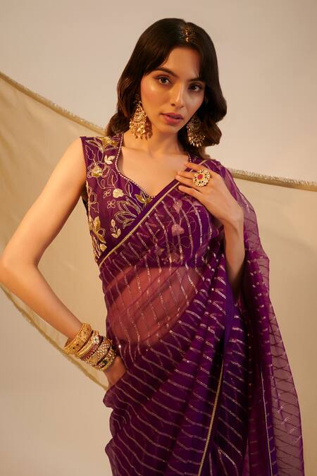 Sheela Suthar_Purple Silk, Organza Embroidery Scoop Neck Hand Saree With Blouse _at_Aza_Fashions