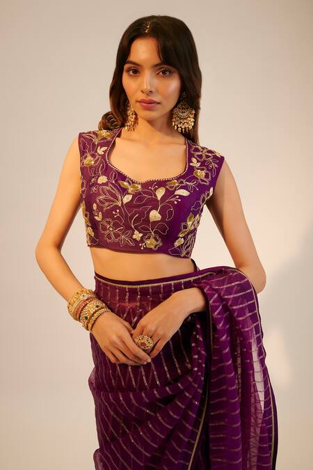 Buy_Sheela Suthar_Purple Silk, Organza Embroidery Scoop Neck Hand Saree With Blouse 