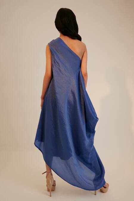 Sheela Suthar Blue Tissue Georgette Embroidered Dori One Shoulder Yoke Draped Dress  2