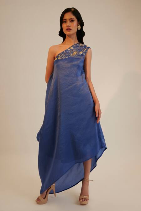 Sheela Suthar Blue Tissue Georgette Embroidered Dori One Shoulder Yoke Draped Dress  3