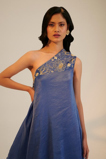 Sheela Suthar Blue Tissue Georgette Embroidered Dori One Shoulder Yoke Draped Dress  4