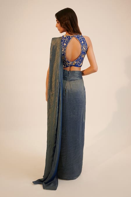 Shop Sheela Suthar Blue Silk, Tissue Embroidery, Sequins Round Neck Pre-draped Saree And Blouse Set at Aza Fashions Shop_Sheela Suthar_Blue Silk, Tissue Embroidery, Sequins Round Neck Pre-draped Saree And Blouse Set _at_Aza_Fashions