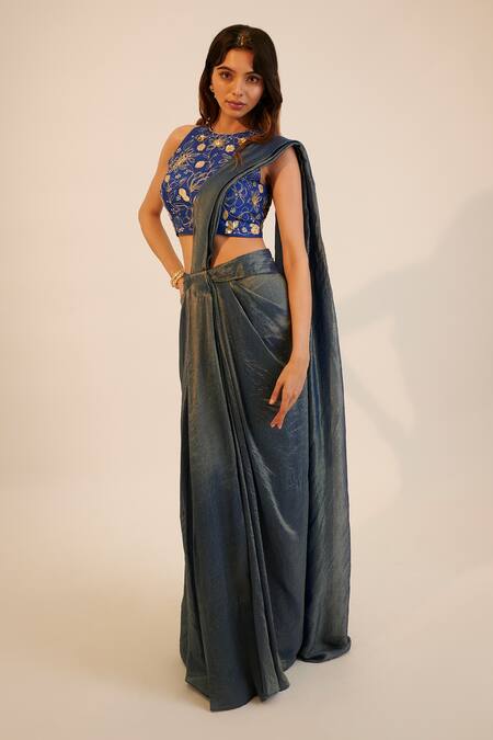 Sheela Suthar Blue Silk, Tissue Embroidery, Sequins Round Neck Pre-draped Saree And Blouse Set Online at Aza Fashions Sheela Suthar_Blue Silk, Tissue Embroidery, Sequins Round Neck Pre-draped Saree And Blouse Set _Online_at_Aza_Fashions