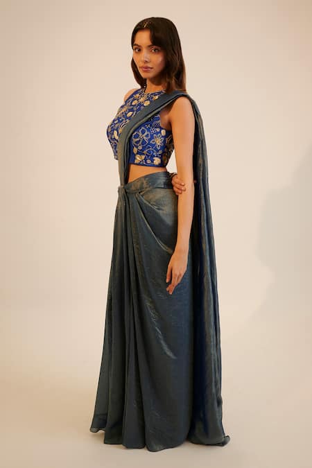 Buy Sheela Suthar Blue Silk, Tissue Embroidery, Sequins Round Neck Pre-draped Saree And Blouse Set Online at Aza Fashions Buy_Sheela Suthar_Blue Silk, Tissue Embroidery, Sequins Round Neck Pre-draped Saree And Blouse Set _Online_at_Aza_Fashions