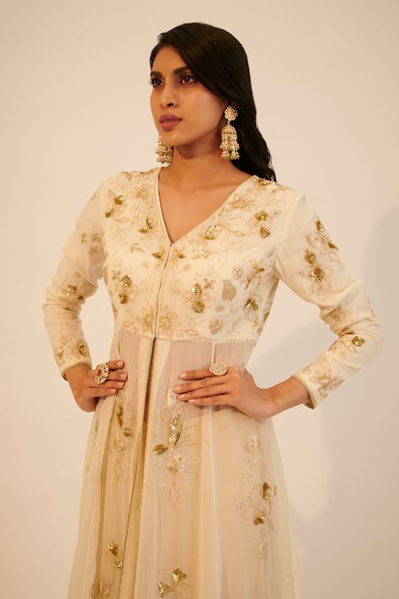 Shop Sheela Suthar Ivory Tissue, Organza, Silk Sequins, Floral Embroidered Anarkali Lehenga Set Online at Aza Fashions Shop_Sheela Suthar_Ivory Tissue, Organza, Silk Sequins, Floral Embroidered Anarkali Lehenga Set _Online_at_Aza_Fashions
