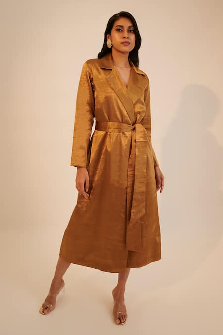 Sheela Suthar_Gold Handloom Cotton Collared Embroidered Yoke Draped Dress _Online_at_Aza_Fashions