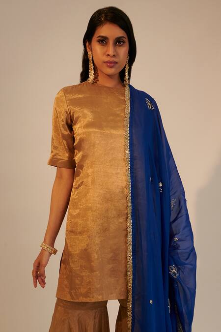 Sheela Suthar_Gold Handloom Cotton, Silk Zari, Metallic Gharara Set With Embroidered Dupatta _Online_at_Aza_Fashions