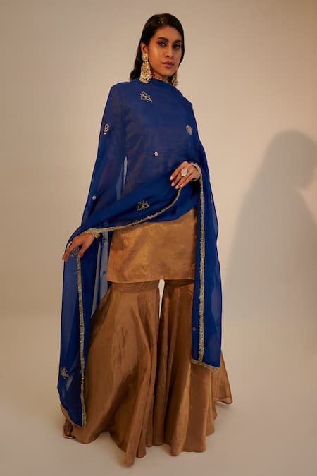 Buy_Sheela Suthar_Gold Handloom Cotton, Silk Zari, Metallic Gharara Set With Embroidered Dupatta _Online_at_Aza_Fashions