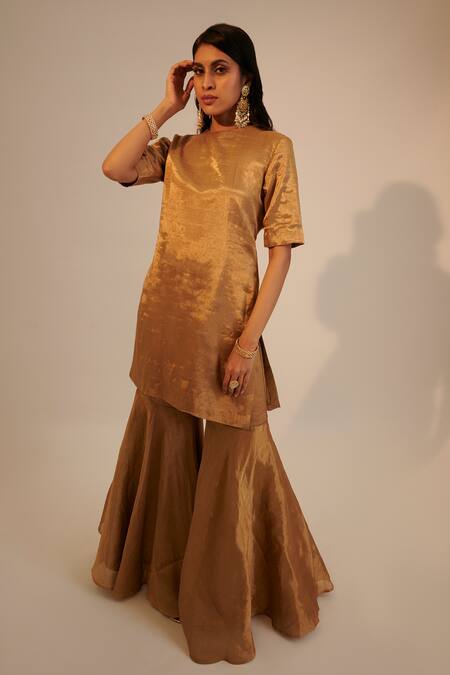 Shop_Sheela Suthar_Gold Handloom Cotton, Silk Zari, Metallic Gharara Set With Embroidered Dupatta _Online_at_Aza_Fashions