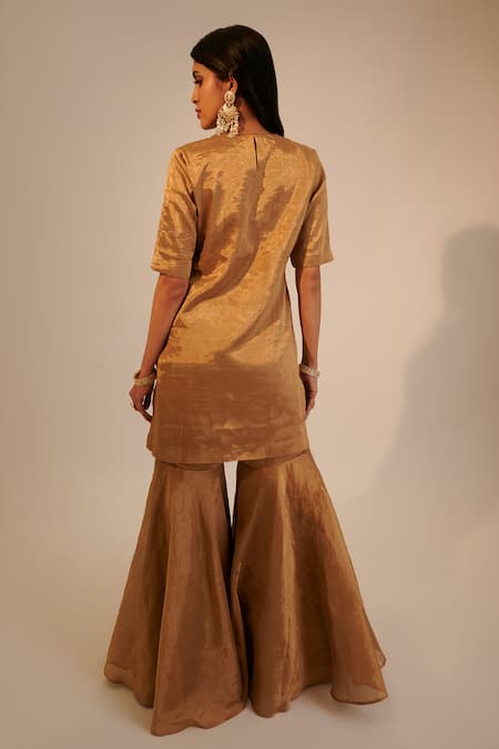 Sheela Suthar_Gold Handloom Cotton, Silk Zari, Metallic Gharara Set With Embroidered Dupatta _at_Aza_Fashions