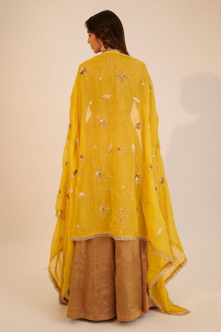 Sheela Suthar Gold Organza, Silk, Handloom Metallic Lehenga Set With Embroidered Dupatta at Aza Fashions Sheela Suthar_Gold Organza, Silk, Handloom Metallic Lehenga Set With Embroidered Dupatta _at_Aza_Fashions