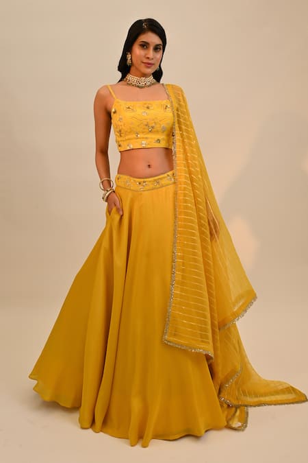Buy_Sheela Suthar_Yellow Tissue, Georgette, Silk, Crepe, Organza Sequins, Embroidery Lehenga Set _Online_at_Aza_Fashions