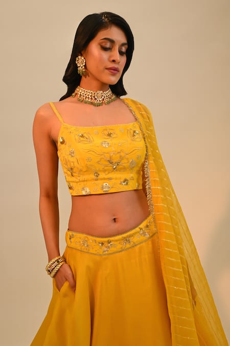 Sheela Suthar_Yellow Tissue, Georgette, Silk, Crepe, Organza Sequins, Embroidery Lehenga Set _at_Aza_Fashions