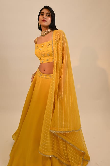 Buy_Sheela Suthar_Yellow Tissue, Georgette, Silk, Crepe, Organza Sequins, Embroidery Lehenga Set 