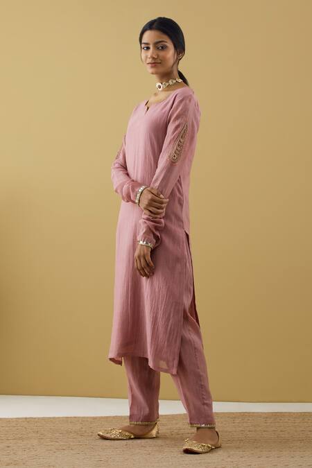 Shop Tashee Purple Chanderi Sequins, Zari Split V-neck Sleeve Embroidered Kurta And Pant Set Online at Aza Fashions Shop_Tashee_Purple Chanderi Sequins, Zari Split V-neck Sleeve Embroidered Kurta And Pant Set _Online_at_Aza_Fashions