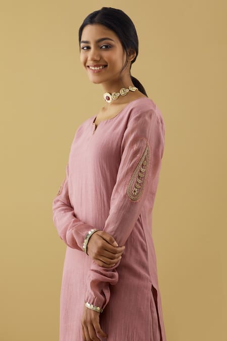 Tashee Purple Chanderi Sequins, Zari Split V-neck Sleeve Embroidered Kurta And Pant Set at Aza Fashions Tashee_Purple Chanderi Sequins, Zari Split V-neck Sleeve Embroidered Kurta And Pant Set _at_Aza_Fashions