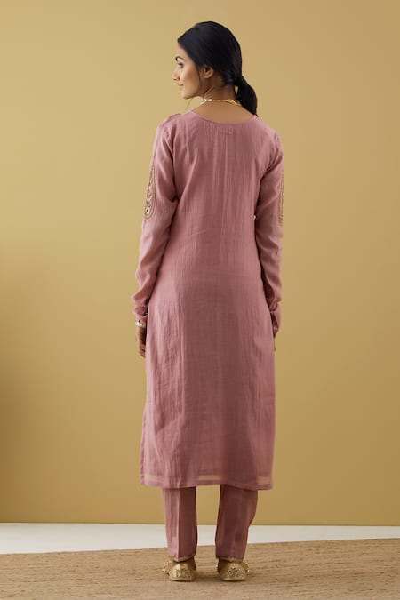 Shop Tashee Purple Chanderi Sequins, Zari Split V-neck Sleeve Embroidered Kurta And Pant Set at Aza Fashions Shop_Tashee_Purple Chanderi Sequins, Zari Split V-neck Sleeve Embroidered Kurta And Pant Set _at_Aza_Fashions