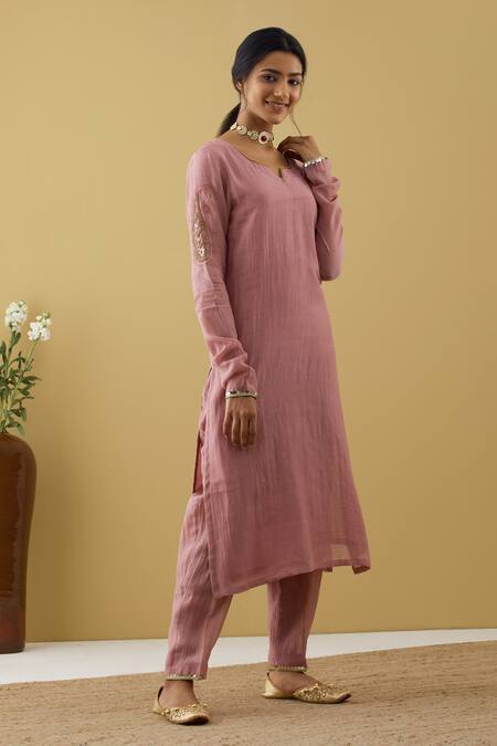 Shop Tashee Purple Chanderi Sequins, Zari, Beads Split Sleeve Embroidered Kurta Pant Set Online at Aza Fashions Shop_Tashee_Purple Chanderi Sequins, Zari, Beads Split Sleeve Embroidered Kurta Pant Set _Online_at_Aza_Fashions
