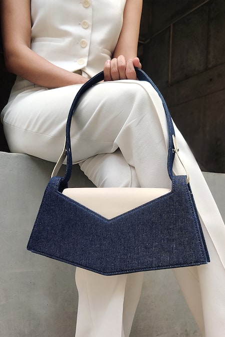 Shop_Adisee_Blue Woven Alyssa Denim Structured Baguette _Online_at_Aza_Fashions