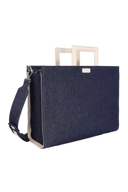 Adisee_Blue Woven River Denim Structured Tote Bag _Online_at_Aza_Fashions