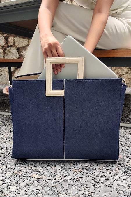 Adisee_Blue Woven River Denim Structured Tote Bag _at_Aza_Fashions