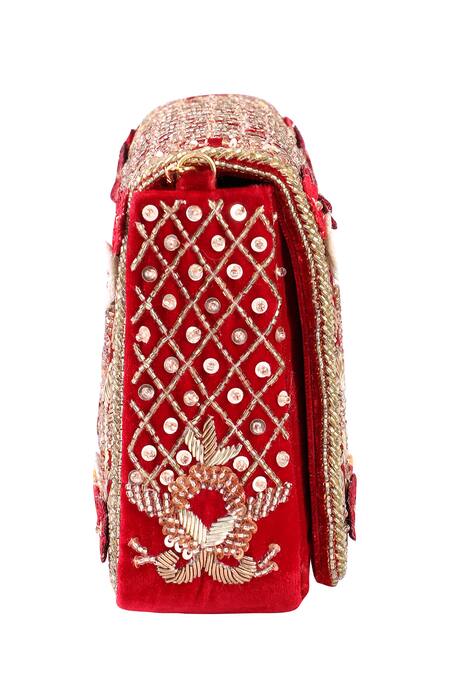 Fuchsia by aashaka mehta_Maroon Zari, Pearls Craze Velvet Embroidered Clutch _Online_at_Aza_Fashions