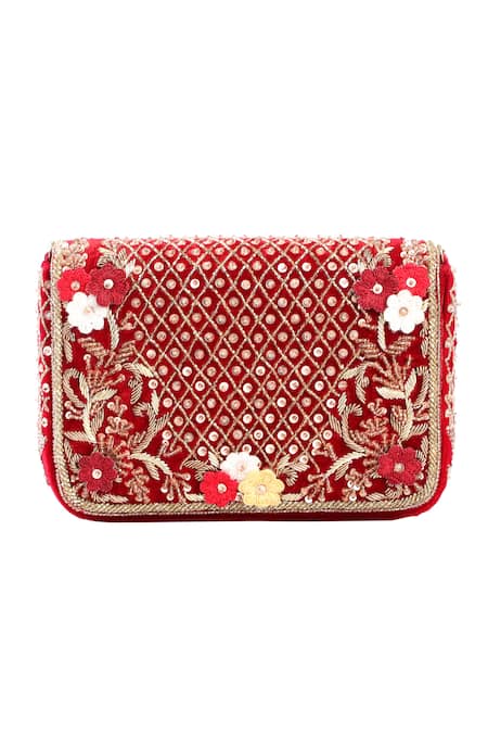 Buy_Fuchsia by aashaka mehta_Maroon Zari, Pearls Craze Velvet Embroidered Clutch _Online_at_Aza_Fashions