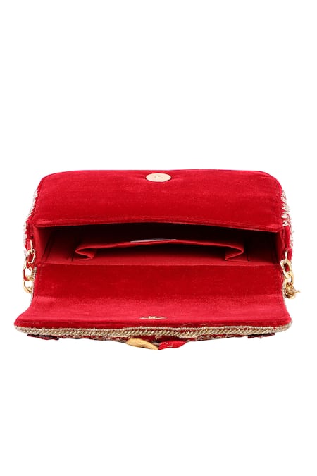 Shop_Fuchsia by aashaka mehta_Maroon Zari, Pearls Craze Velvet Embroidered Clutch _Online_at_Aza_Fashions