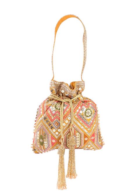 Shop Fuchsia by aashaka mehta Yellow Sequins, Zari Bloom Embroidered Potli Bag at Aza Fashions Shop_Fuchsia by aashaka mehta_Yellow Sequins, Zari Bloom Embroidered Potli Bag_at_Aza_Fashions