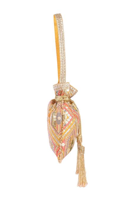 Fuchsia by aashaka mehta Yellow Sequins, Zari Bloom Embroidered Potli Bag Online at Aza Fashions Fuchsia by aashaka mehta_Yellow Sequins, Zari Bloom Embroidered Potli Bag_Online_at_Aza_Fashions