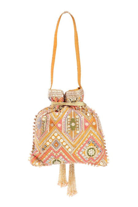 Buy Fuchsia by aashaka mehta Yellow Sequins, Zari Bloom Embroidered Potli Bag Online at Aza Fashions Buy_Fuchsia by aashaka mehta_Yellow Sequins, Zari Bloom Embroidered Potli Bag_Online_at_Aza_Fashions