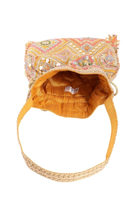 Shop Fuchsia by aashaka mehta Yellow Sequins, Zari Bloom Embroidered Potli Bag Online at Aza Fashions Shop_Fuchsia by aashaka mehta_Yellow Sequins, Zari Bloom Embroidered Potli Bag_Online_at_Aza_Fashions