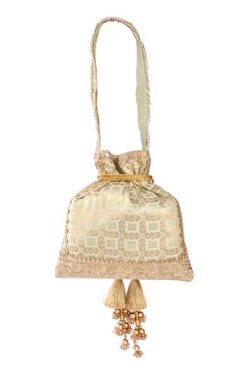 Buy_Fuchsia by aashaka mehta_Green Tassels, Embroidery Banaras Vintage Pattern Potli Bag_Online_at_Aza_Fashions