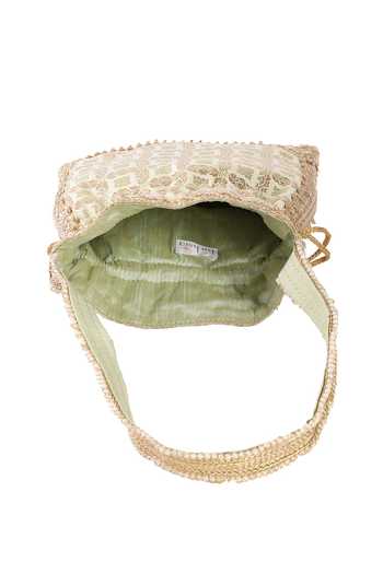 Shop_Fuchsia by aashaka mehta_Green Tassels, Embroidery Banaras Vintage Pattern Potli Bag_Online_at_Aza_Fashions