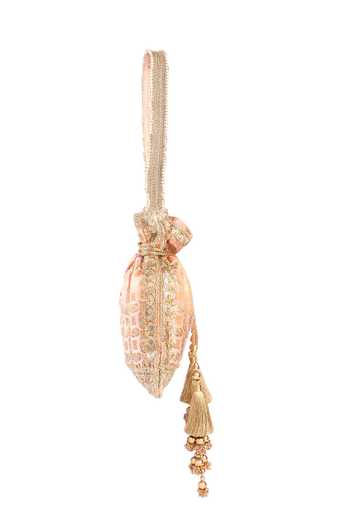 Fuchsia by aashaka mehta_Orange Lace, Tassels Banaras Woven Vintage Pattern Potli Bag _Online_at_Aza_Fashions