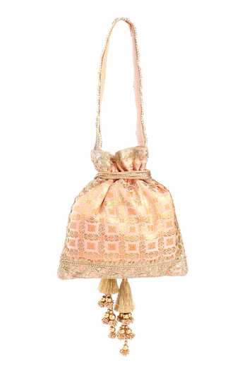 Buy_Fuchsia by aashaka mehta_Orange Lace, Tassels Banaras Woven Vintage Pattern Potli Bag _Online_at_Aza_Fashions