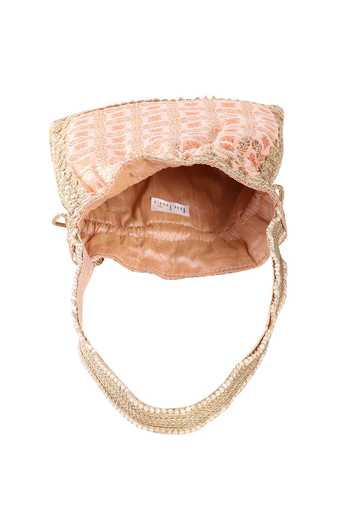 Shop_Fuchsia by aashaka mehta_Orange Lace, Tassels Banaras Woven Vintage Pattern Potli Bag _Online_at_Aza_Fashions